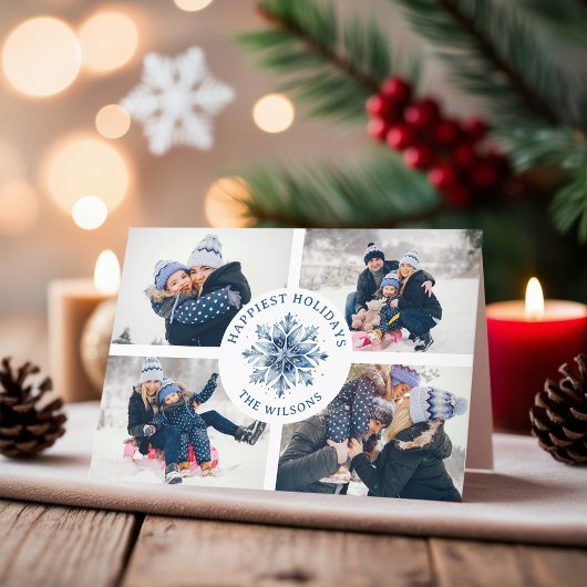 水彩水晶ブルースノーフレーク4フォトコラージュ シーズンカード