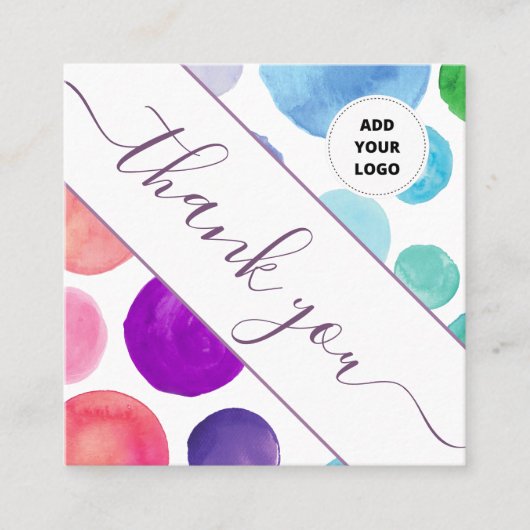 水彩水玉模様カラフルお願い&ロゴ スクエア名刺 (正面)