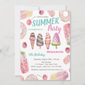 水彩氷クリーム，ドーナツ誕生日パーティー 招待状 (正面)