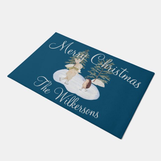 水彩氷スケートで滑る森林動物オンブルー ドアマット (アングル)