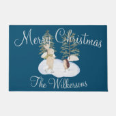 水彩氷スケートで滑る森林動物オンブルー ドアマット (正面)