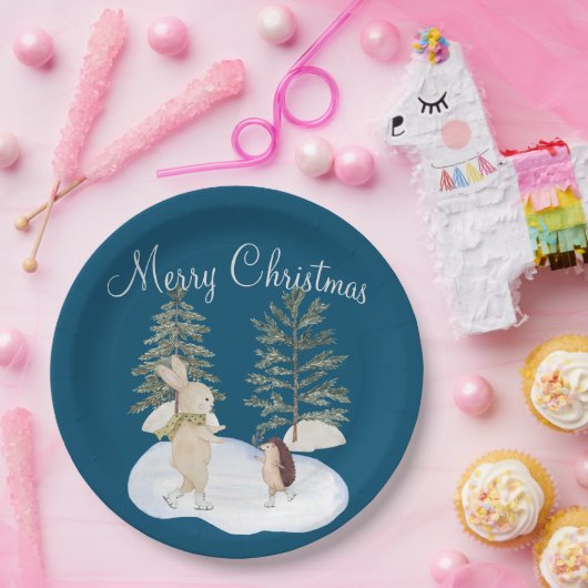 水彩氷スケートで滑る森林動物オンブルー ペーパープレート (パーティー)