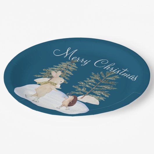 水彩氷スケートで滑る森林動物オンブルー ペーパープレート (アングル)