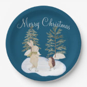 水彩氷スケートで滑る森林動物オンブルー ペーパープレート (正面)