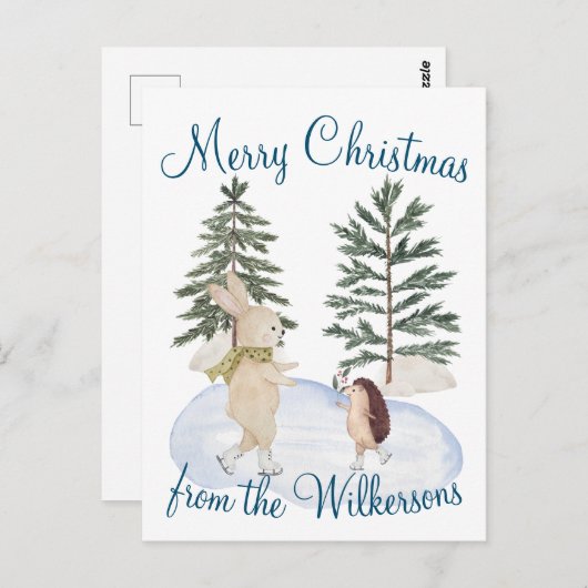 水彩氷スケートで滑る森林動物 ポストカード (正面/裏面)