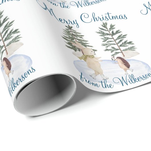 水彩氷スケートで滑る森林動物 ラッピングペーパー (ロールコーナー)