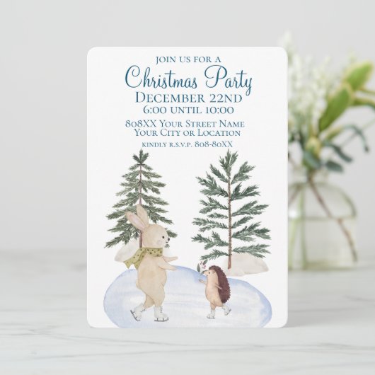 水彩氷スケートで滑る森林動物 招待状 (スタンド正面)