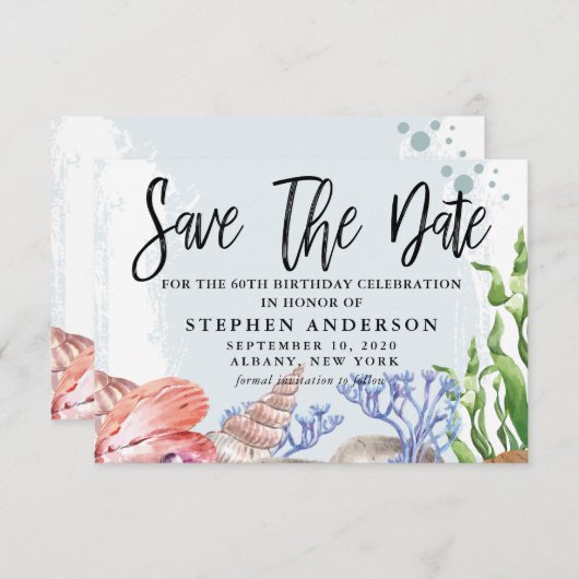 水彩沿岸の60歳の誕生日パーティー セーブザデート (正面/裏面)