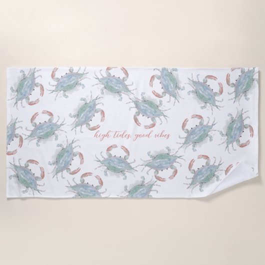 水彩沿岸カニ ビーチタオル (正面)