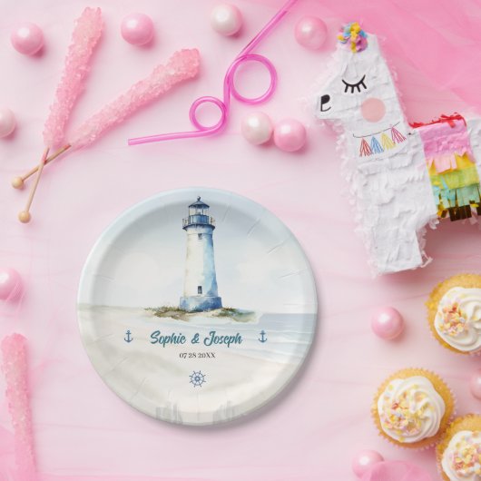 水彩沿岸ニューイングランド結婚ズ ペーパープレート (パーティー)