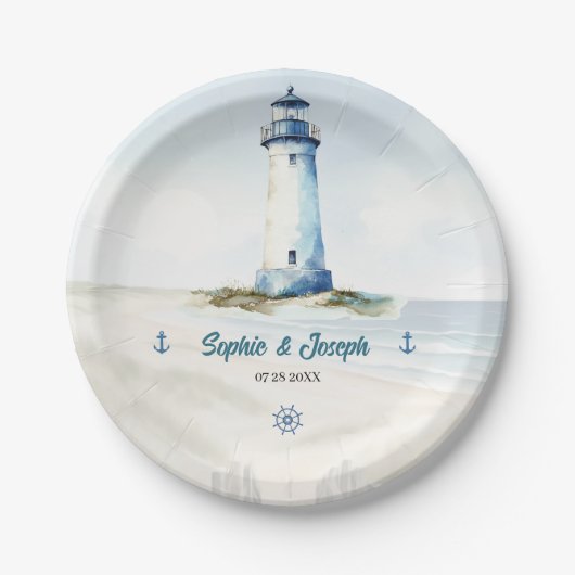 水彩沿岸ニューイングランド結婚ズ ペーパープレート (正面)