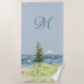 水彩沿岸ビーチサンドシルボートモノグラム ビーチタオル (正面)
