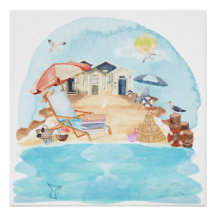 水彩沿岸ビーチシーン