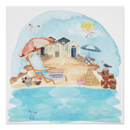 水彩沿岸ビーチシーン ポスター