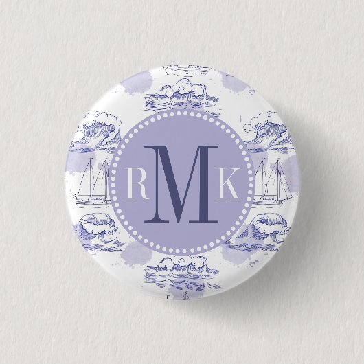水彩波と船のパターン 缶バッジ (正面)
