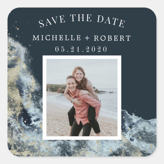 水彩波の海岸日付写真を保存 スクエアシール (正面)