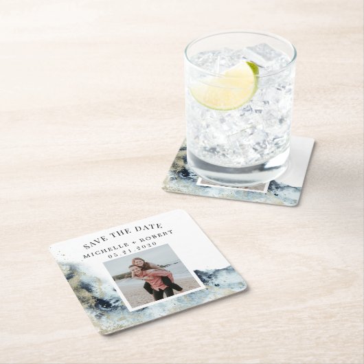 水彩波の海岸日付写真を保存 スクエアペーパーコースター (インサイチュ)