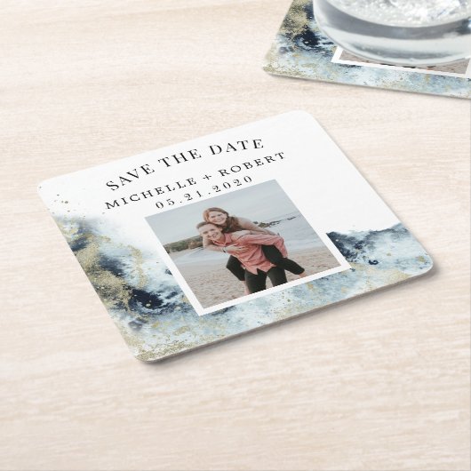 水彩波の海岸日付写真を保存 スクエアペーパーコースター (アングル)
