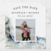 水彩波の海岸日付写真を保存 ワインラベル (シングルラベル)