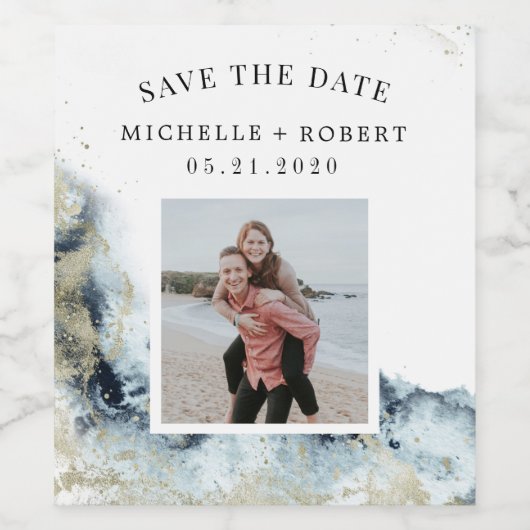 水彩波の海岸日付写真を保存 ワインラベル (シングルラベル)