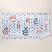 水彩波レッドとブルーの魚トリプルモノグラム ビーチタオル (正面)