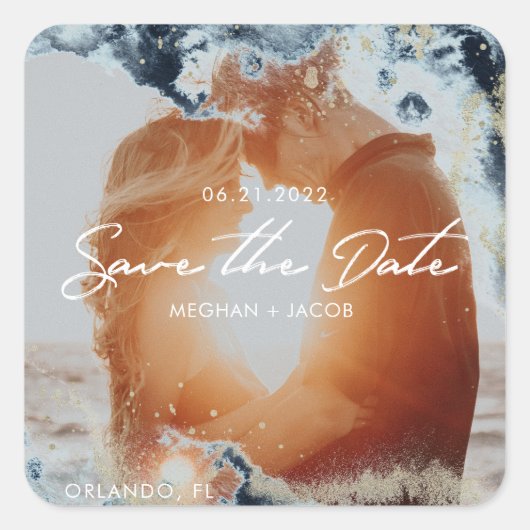 水彩波写真保存日 スクエアシール (正面)