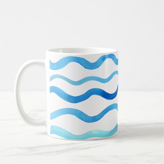 水彩波：青いターコイズシームレス。 コーヒーマグカップ (左)