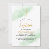 水彩洗いグリーンと金ゴールドバプテスマ招待状 招待状 (正面)