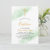 水彩洗いグリーンと金ゴールドバプテスマ招待状 招待状 (スタンド正面)