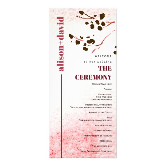 水彩洗い流しと分枝ジャパンディ結婚式プログラム ラックカード (正面)