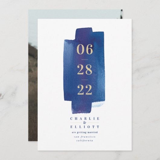 水彩洗い流し日付カードを保存する – 海軍 セーブザデート (正面/裏面)