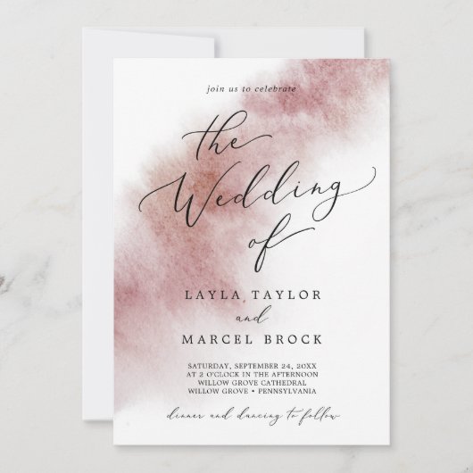 水彩洗浄ブルゴーニュ結婚ー招待状 招待状 (正面)