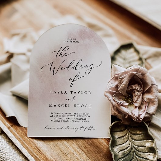 水彩洗浄赤面ピンクシンプルアー結婚チ 招待状