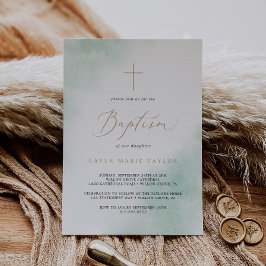 水彩洗浄 |グリーンと金ゴールドバプテスマ 招待状