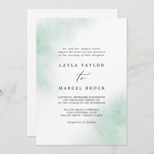 水彩洗浄 |グリーン伝統的結婚ズ 招待状 (正面/裏面)