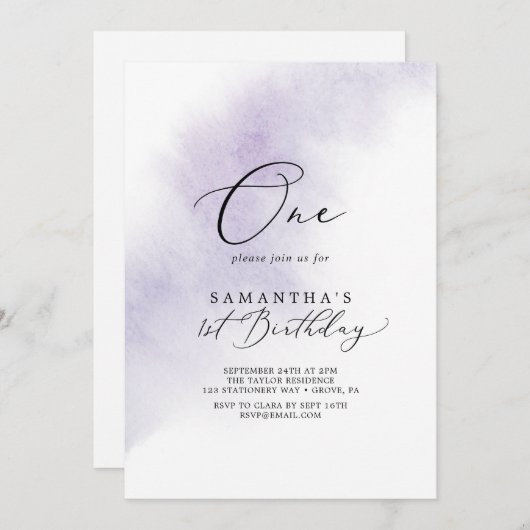 水彩洗浄 |パープルの最初の誕生日パーティー 招待状 (正面/裏面)