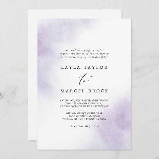 水彩洗浄 |パープル伝統的ズ結婚 招待状 (正面/裏面)