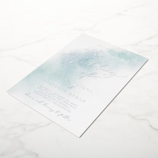 水彩洗浄 |ブルーとシルバーフォイル結婚ズ 箔招待状 (回転した状態)