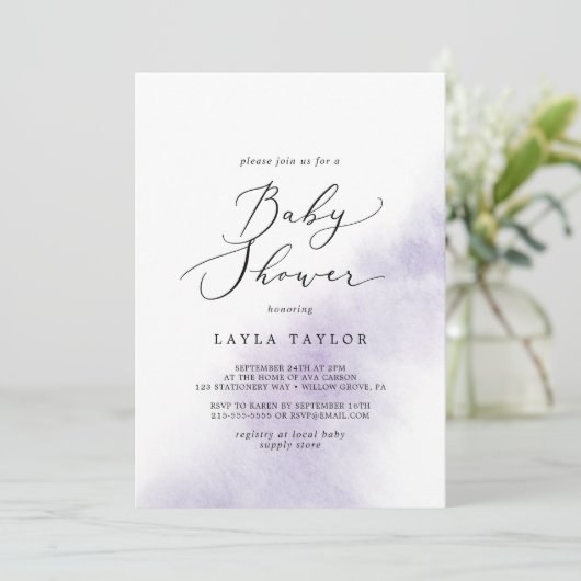 水彩洗浄 |紫の赤ちゃんシャワー 招待状 (スタンド正面)