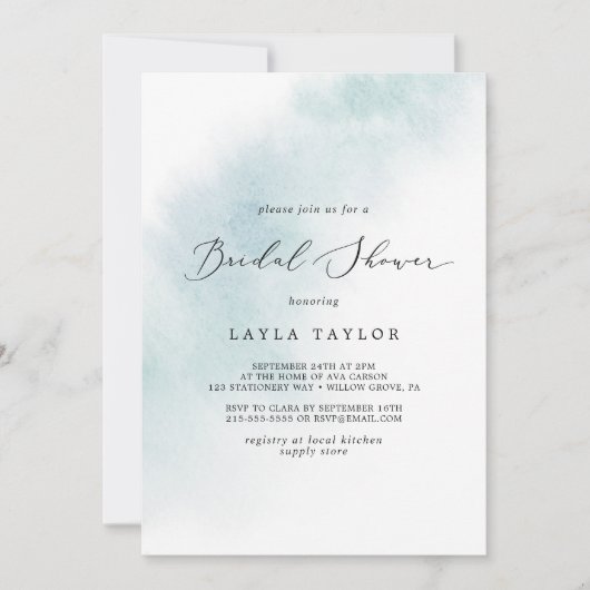 水彩洗浄 |青いブライダルシャワー 招待状 (正面)