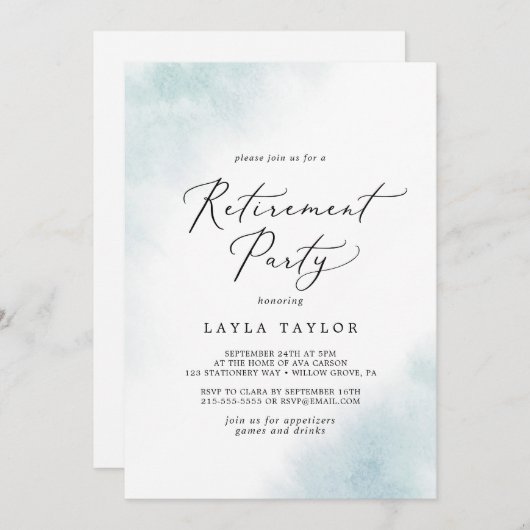 水彩洗浄 |青い退職パーティー 招待状 (正面/裏面)