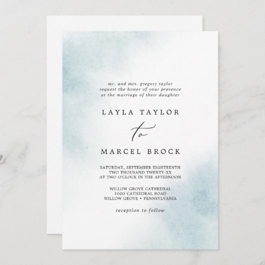水彩洗浄 |青伝統的結婚の 招待状 (正面/裏面)