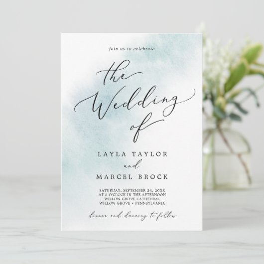 水彩洗浄 | 1つのQRコード内の青結婚い 招待状 (スタンド正面)