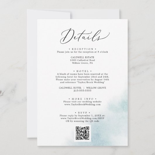 水彩洗浄 | 1つのQRコード内の青結婚い 招待状 (裏面)