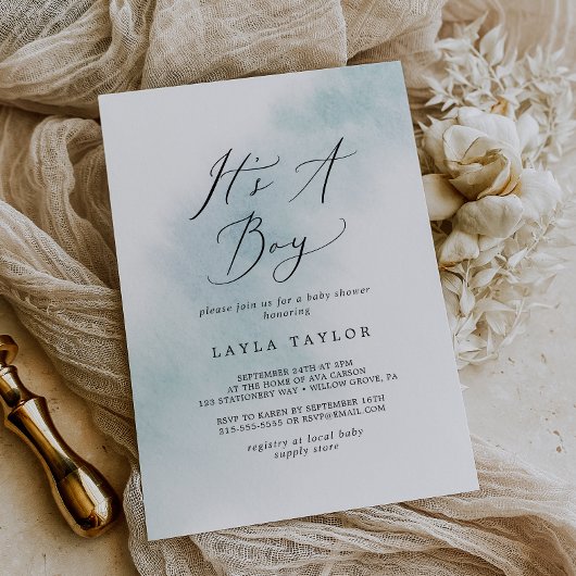 水彩洗浄 | Blue It's A Boy Baby Shower 招待状