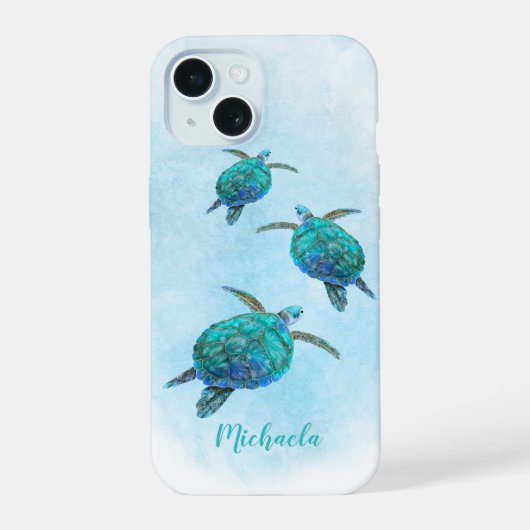 水彩海ウミガメ名前をカスタムする iPhone 15ケース (裏面)