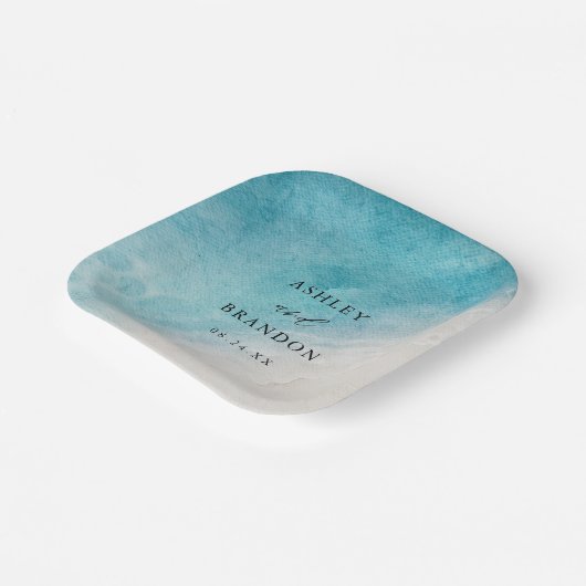 水彩海サマーブルービーチ結婚式 ペーパープレート (傾斜あり)