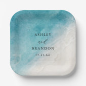 水彩海サマーブルービーチ結婚式 ペーパープレート (正面)