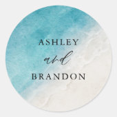 水彩海サマーブルービーチ結婚式 ラウンドシール (正面)
