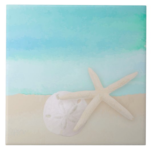 水彩海ヒトデと砂ドル タイル (正面)